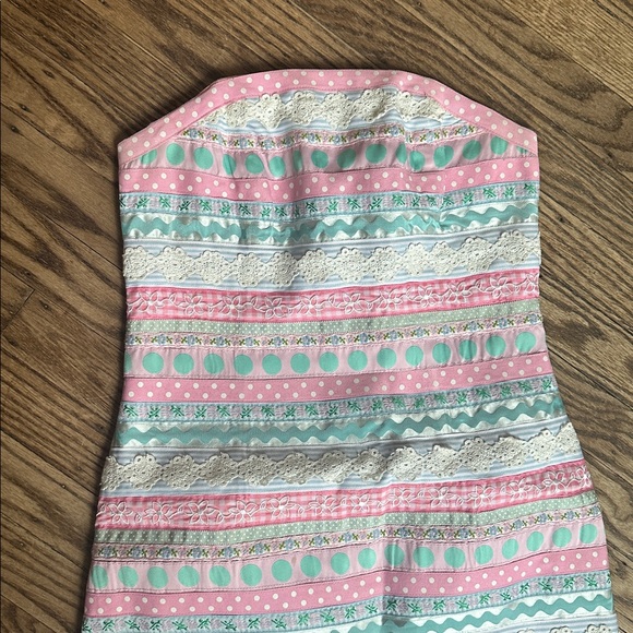 Lilly Pulitzer strapless Ribbon Dress pastel pink sea foam green Size 0 EUC - Picture 2 of 5